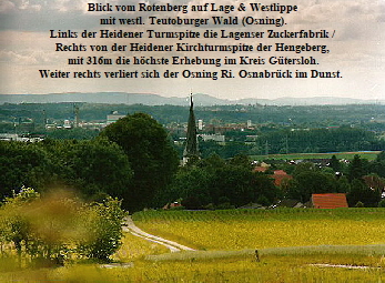 Blick vom Rotenberg auf Lage & Westlippe
 mit westl. Teutoburger Wald (Osning).
Links der Heidener Turmspitze die Lagenser Zuckerfabrik /
Rechts von der Heidener Kirchturmspitze der Hengeberg,
 mit 316m die hchste Erhebung im Kreis Gtersloh.
Weiter rechts verliert sich der Osning Ri. Osnabrck im Dunst. 




















 photosommer