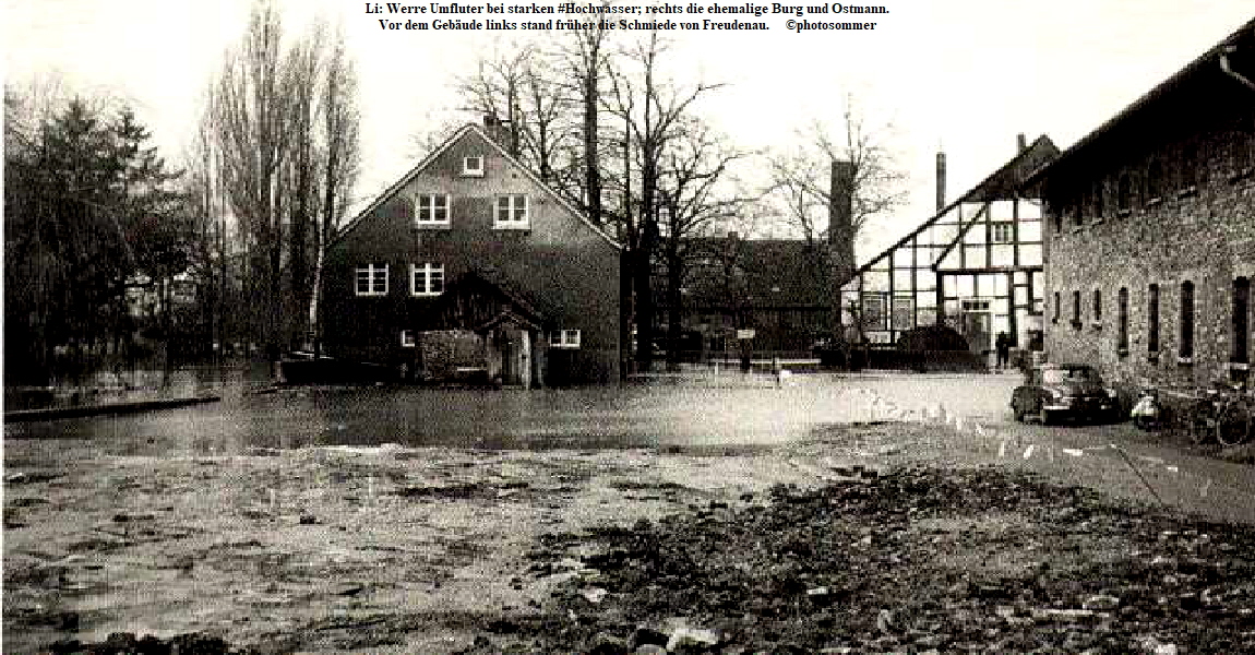 Li: Werre Umfluter bei starken #Hochwasser; rechts die ehemalige Burg und Ostmann.
Vor dem Gebude links stand frher die Schmiede von Freudenau.     photosommer