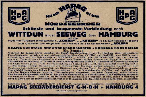 Amrum-Hamburg-Amrum : HAPAG - Seebderdienst - Werbung , Schiffe 