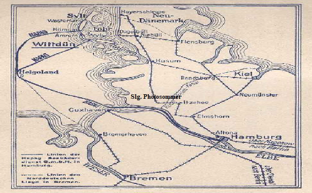 Amrumreise1928: Karte zeigt z.B. Route Hamburg-Helgoland-Wittdn/Amrum