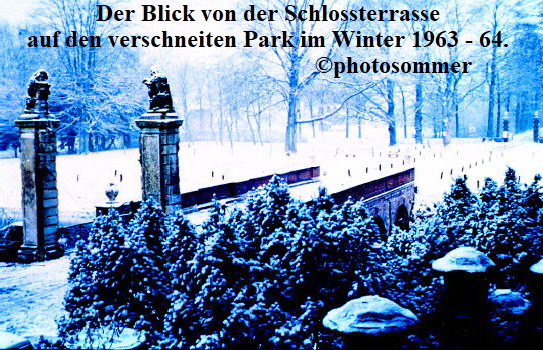 Der Blick von der Schlossterrasse 
auf den verschneiten Park im Winter 1963 - 64. 
                                         photosommer