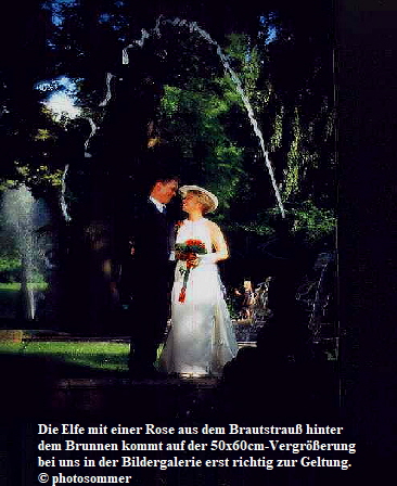 Die Elfe mit einer Rose aus dem Brautstrau hinter
dem Brunnen kommt auf der 50x60cm-Vergrerung 
bei uns in der Bildergalerie erst richtig zur Geltung.
 photosommer