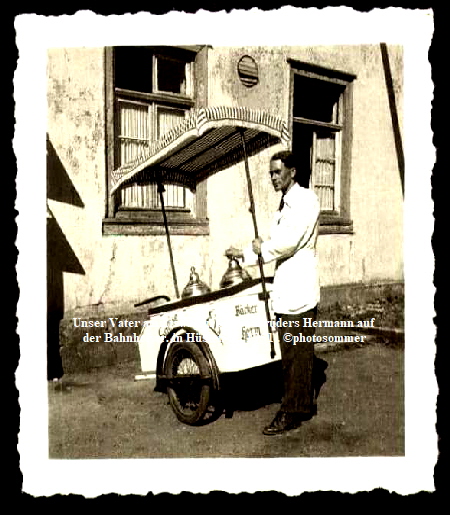 Unser Vater am Eiswagen seines Bruders Hermann auf 
der Bahnhofstr. in Hsten ca. 1951 . photosommer